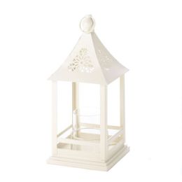 Beautiful White Floral Cutout Lantern With Glass Hurricane