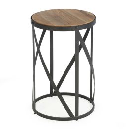 Modern Industrial Drum Style Steel Side Table with Wood Top