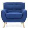 Blue Linen Upholstered Armchair with Mid-Century Modern Style Wood Legs