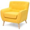 Modern Yellow Linen Upholstered Armchair with Mid-Century Style Wooden Legs