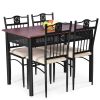 5-Piece Black Brown Dining Set Wood Metal Table Chairs with Cushions