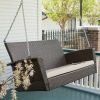 Modern Dark Brown Resin Wicker Porch Swing with Khaki Seat Cushion