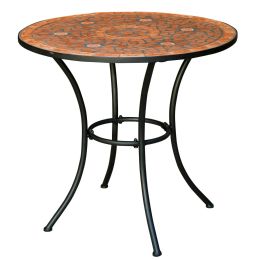 Round Outdoor Patio Bistro Table with Terracotta Mosaic Tiles and Metal Frame