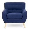 Dark Blue Linen Upholstered Tufted Armchair with Modern Mid-Century Style Wood Legs
