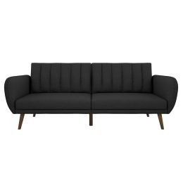 Dark Grey Linen Futon Sofa Bed with Modern Mid-Century Style Wooden Legs