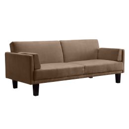 Modern Tan Microfiber Upholstered Futon Style Sleeper Sofa Bed