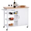 Modern White Kitchen Island Cart with Wood Top and Wheels