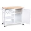 Modern White Kitchen Island Cart with Wood Top and Wheels