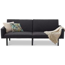 Modern Mid-Century Style Futon Sofa Bed with Black Linen Upholstery