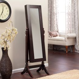 Jewelry Armoire and Full-Length Tilting Mirror in Espresso Brown Wood Finish