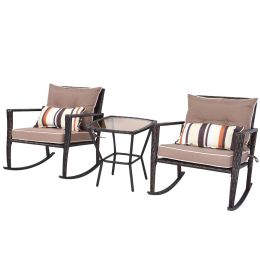 Brown 3 Piece Patio Set Rattan Wicker Rocking Chairs with Coffee Table