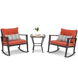 Red 3 Piece Patio Set Rattan Wicker Rocking Chairs with Coffee Table