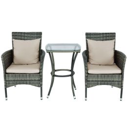 3 Piece Gray Brown Patio Rattan Chairs and Table Set with Cushions