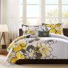 Queen size 4-Piece Comforter Set with Yellow Grey Floral Pattern