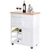 Mobile Kitchen Island Cart Cabinet with Wine Rack in White