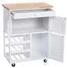 Mobile Kitchen Island Cart Cabinet with Wine Rack in White