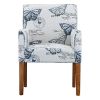 Modern Linen Upholstered Armchair with Blue Butterfly Pattern and Wood Legs