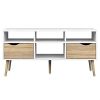 Modern White Natural Oak TV Stand with Mid-Century Style Wood Legs