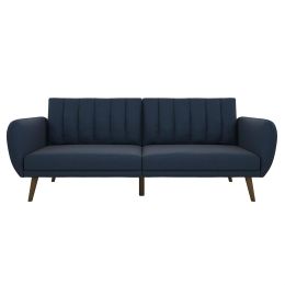 Modern Navy Blue Linen Upholstered Sofa Bed Futon with Mid-Century Style Wood Legs