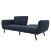 Modern Navy Blue Linen Upholstered Sofa Bed Futon with Mid-Century Style Wood Legs