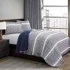 Queen Gray Navy Stripe Motif 100% Cotton Reversible Quilt Coverlet Bedspread Set