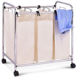 Laundry Cart Bathroom Bedroom 3-Bag Clothes Hamper with Casters