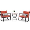 Outdoor 3-Piece Rattan Rocking Chairs and Table Set with Red Cushions