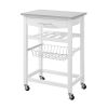 Stainless Steel Top White Wood Kitchen Island Storage Cart