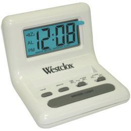 Westclox 47539 .8'' White LCD Alarm Clock with Light on Demand