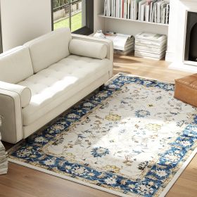 5 x 7 Ft Machine Washable Boho Floral Area Rug Non Slip Blue