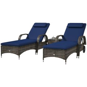 Patio Wicker Chaise Lounge Chair Set Of 2 With Table - Blue Brown