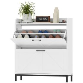 Narrow Shoe Cabinet Organizer with 2 Flip Drawers and Legs White