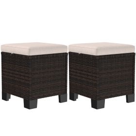 2 Piece Wicker Outdoor Ottomans With Cushions - Cream