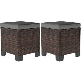 2 Piece Wicker Outdoor Ottomans With Cushions - Gray