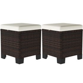 2 Piece Wicker Outdoor Ottomans With Cushions - Beige