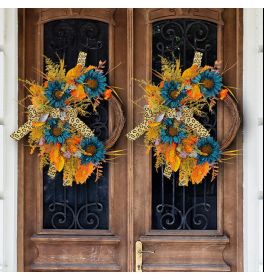 Thanksgiving Blue Sunflower Wreath Patio Leopard Ribbon Deadwood