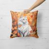 Turkish Angora Cat Fall Leaves Throw Pillow Machine Washable 18 x