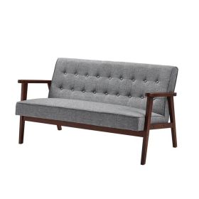 Mid Century Modern Wood Frame Loveseat Sofa with Grey Cushions