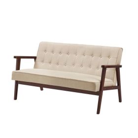 Mid Century Modern Wood Frame Loveseat Sofa with Beige Cushions