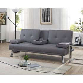 Modern Futon Sofa Bed Couch Grey Faux Leather with Cup Holder