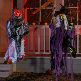 Halloween Decorations 2 Packs Hanging Ghosts Decor with Lighted Up Eyes, 3ft Scary Grim Reaper Swinging Skeleton Flying for Yard Patio Lawn Garden (Color: Pumpkin & Witch Ghost)